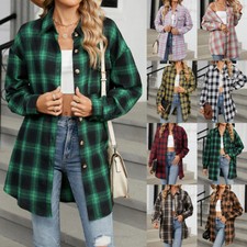 Women's Long Sleeve Check Plaid Flannel Button-Down Shirt Chest Pocket Oversized