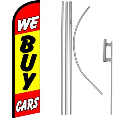 We Buy Cars Red / Yellow Windless Banner Flag & 16' Flagpole Kit/Ground