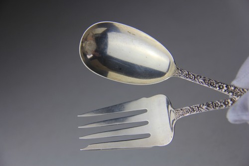 S Kirk & Son Repousse Sterling Silver Cold Meat Fork & Solid Serving Spoon 8.5" - Picture 11 of 14