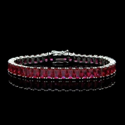 8CT Emerald Cut Simulated Ruby Women's Tennis Bracelet 14K White Gold Plated