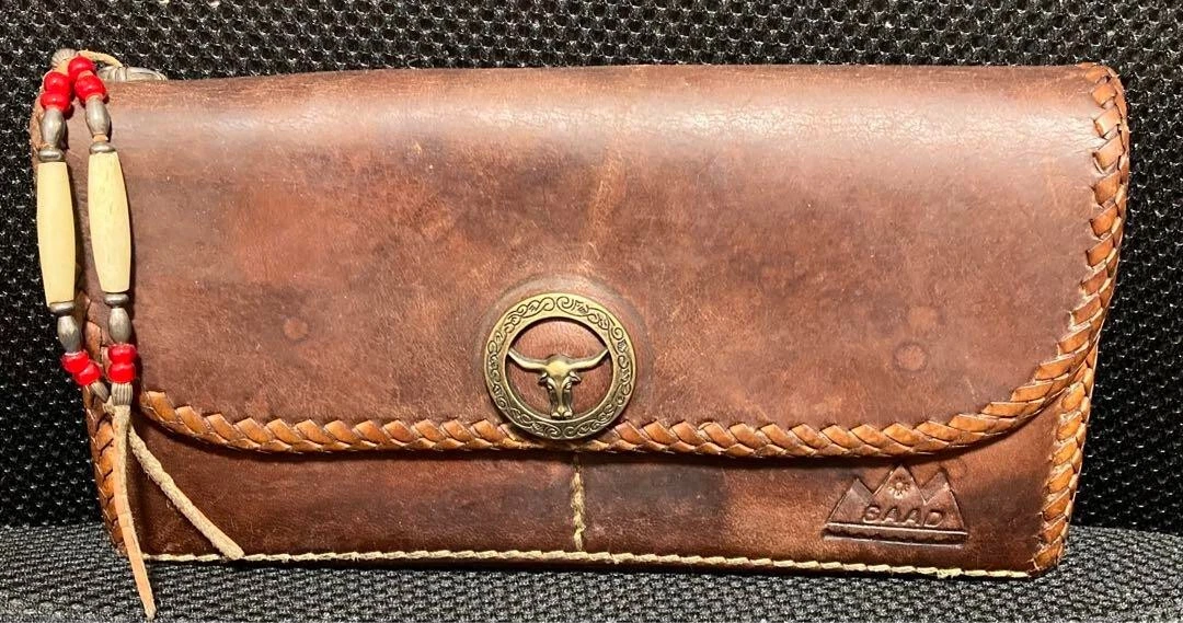 SAAD leather Long wallet Brown pocket engraved Japan Made 