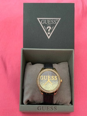 Montre GUESS femme -ronde 36mm- Acier doré -strass-Bracelet cuir | eBay