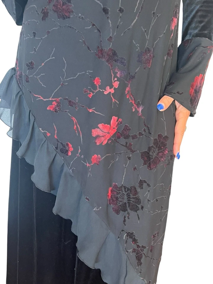 VESTIDO VINTAGE MUJER J. ADIRO NEGRO TERCIOPELO FLORAL GÓTICO MANGA LARGA MAXI XS Foto 4 de 4