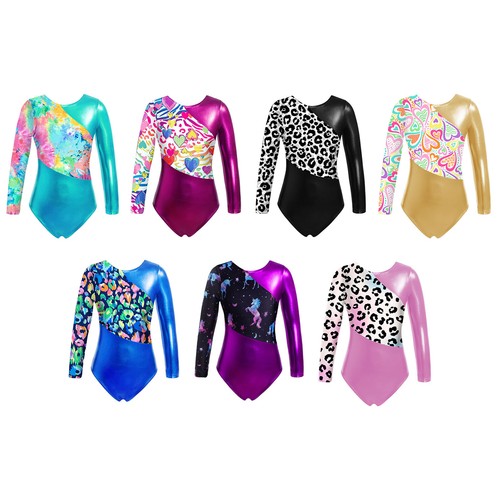 Kids Girls Long Sleeve Ballet Print Splice Gymnastics Jumpsuit - Picture 5 of 56