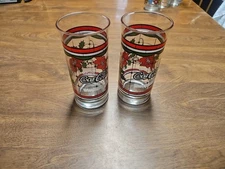Whataburger Coca Cola 6" Christmas Glass Poinsettia Holiday Vintage Cup. PAIR  