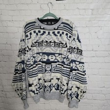 Vtg 90s Expression Texture Grandpa Sweater Sz M Geometric Knit Pullover Cosby