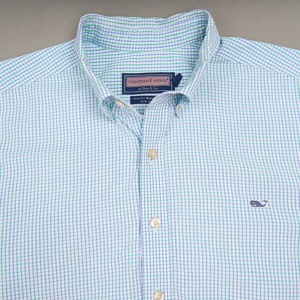 Vineyard Vines Shirt Men XL Blue Green Check Whale Cotton Slim Fit Button Up - Image 2 of 4