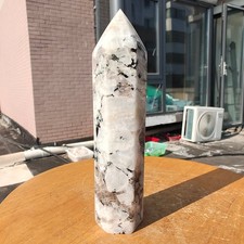 395g Large White Rainbow Moonstone Crystal Obelisk Tower Point Quartz Healing