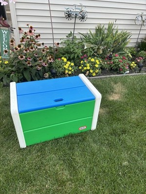 Vtg Little Tikes Toy Box Durable Plastic Storage Chest Blue Green White  Made USA