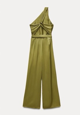 ZARA ASYMMETRIC LONG Green SATIN JUMPSUIT - SIZE XS NWT