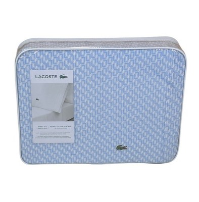 Lacoste Queen Cotton Percale Sheet Set In Mini Geo Logo Open Air Pattern Blue