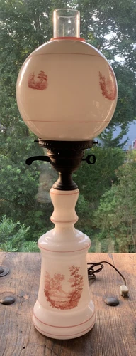 Vintage Milk Glass Hurricane Lamp Electric 27" Tall Chimney Globe Transferware