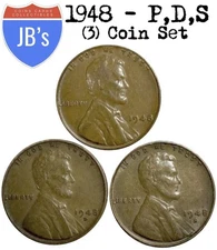 1948 P D S Lincoln Wheat Cents (3) Coins Average Circulated/Better *JB's Coins*