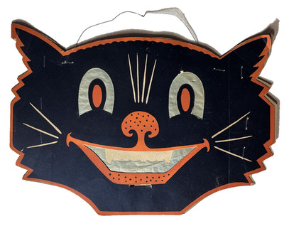 1940s Halloween Beistle Smiling Black Cat Head-Wire Hanger-Tissue Paper Eyes