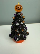 Black Ceramic LightUp Halloween Tree with Pumpkin Topper and Purple Orange Lites
