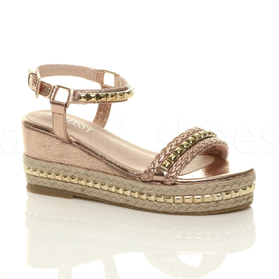 AJVANI MID WEDGE HEEL FLATFORM STUDDED SANDALS ESPADRILLES SIZE 8 41