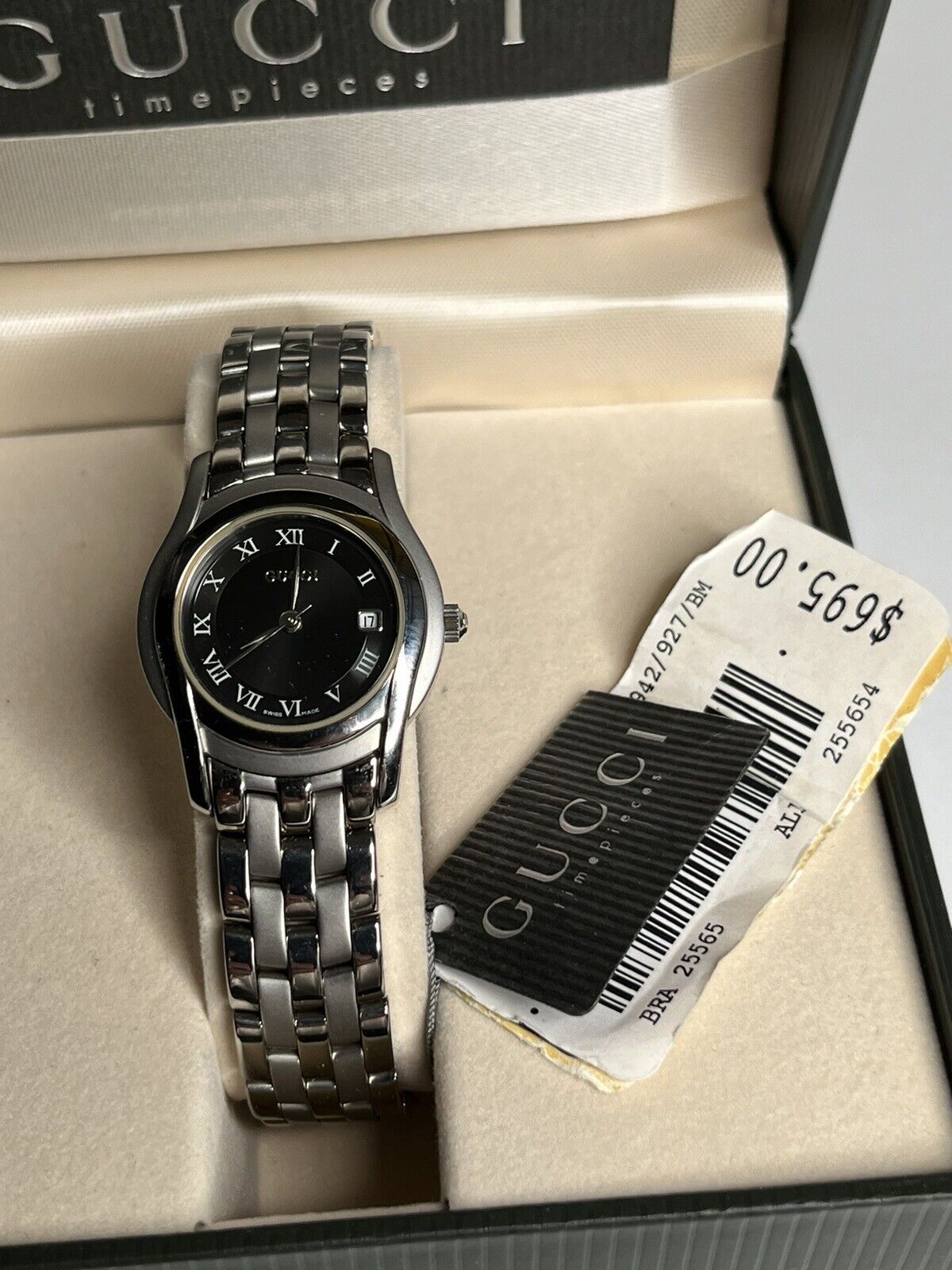 NEW Silver Gucci 5500L Ladies Watch Quartz Black Dial Date 