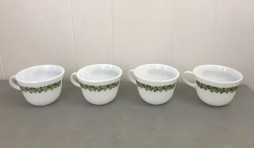 Vintage Pyrex Lot of 4 Corning USA Green Floral Milk Glass Coffee Tea Cups Mugs