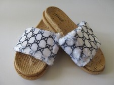 New Women's Super Comfort Fur Strap Slide Sandal Black/White Various Sizes New