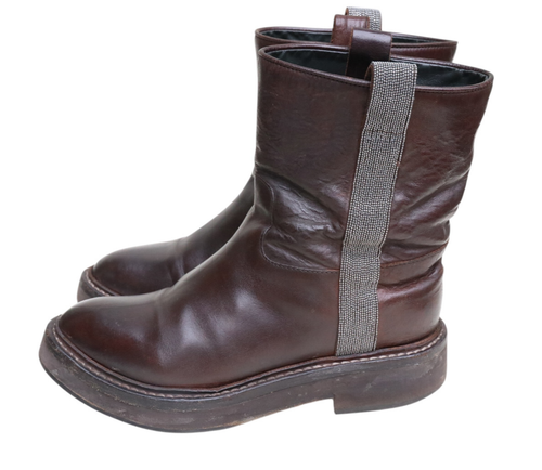 Brunello Cucinelli Italy Brown Leather Pull On Ankle Boots Jeweled 37.5 US 7
