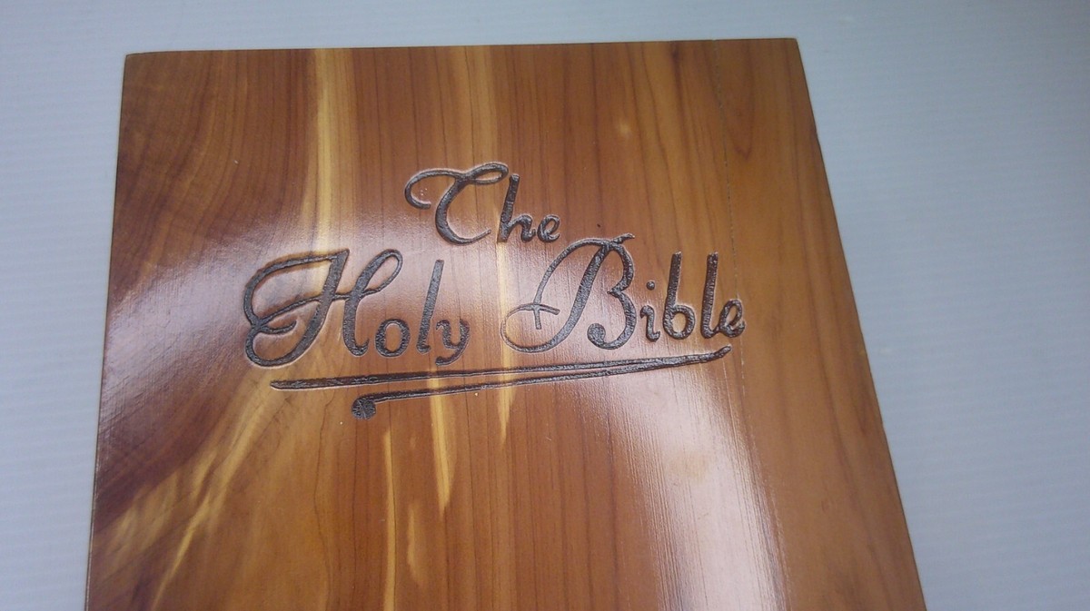 vintage white Protestant edition Bible in a beautiful Cedar case