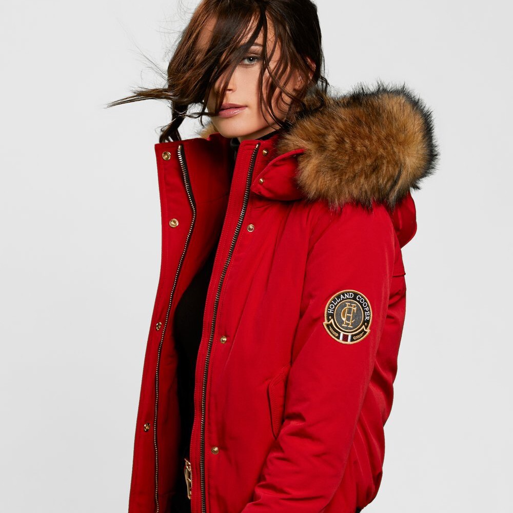 Holland Cooper red Cortina faux fur hooded short coat XS 6