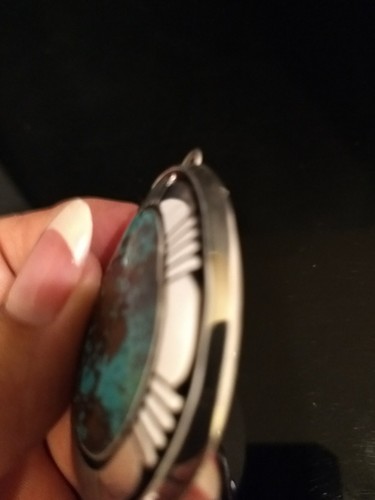 Navajo Natural Royston Turquoise Sterling Silver Pendant Signed Herman Vandever - Picture 10 of 12