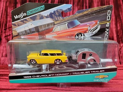 1955 Chevrolet Nomad w/Traveler Trailer Yellow Tow & Go 1/64 Diecast MAISTO CAR