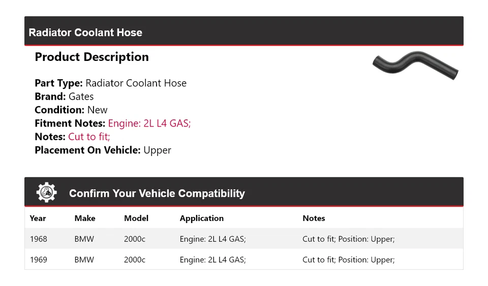 Manguera de refrigerante de radiador de gas para BMW 2000c 2L L4 1968-1969 puertas superiores Foto 2 de 4