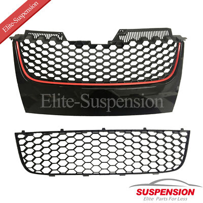 Set Main Hex Mesh Grille Black W/Red Trim Fits 2006-2009 VW Mk5 Jetta/Gli/Gti