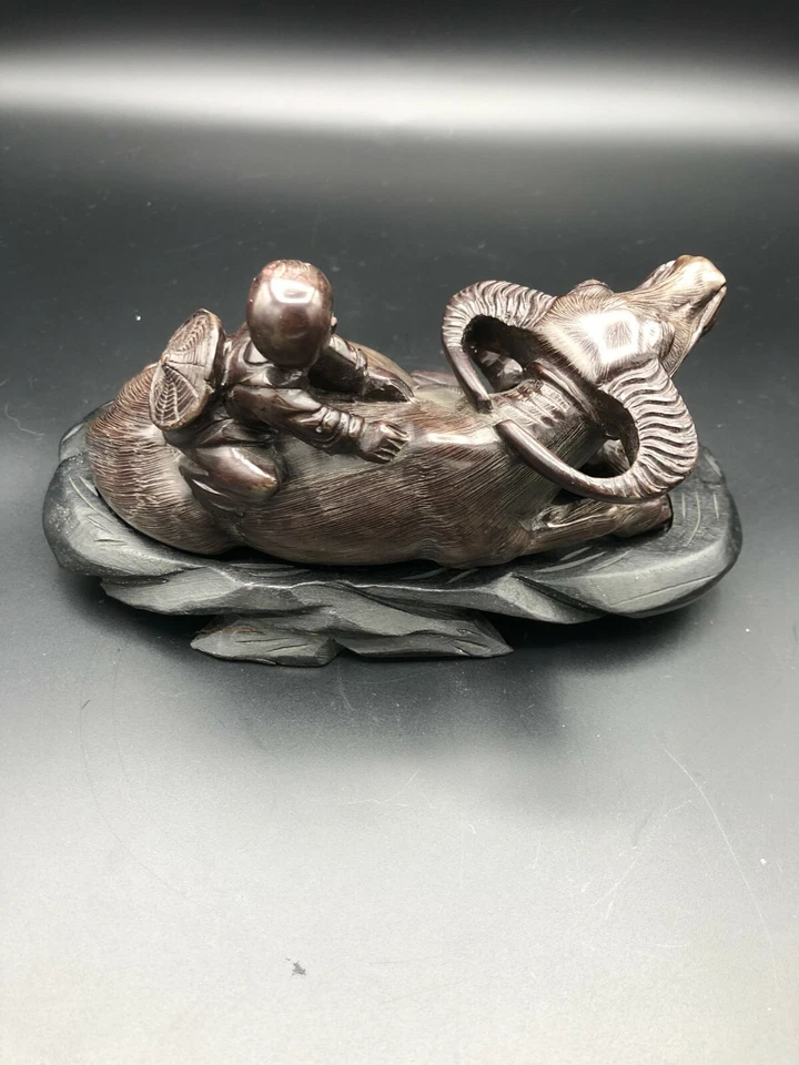 Estatuilla china de colección tallada a mano niño en búfalo de agua y bebé Foto 2 de 4