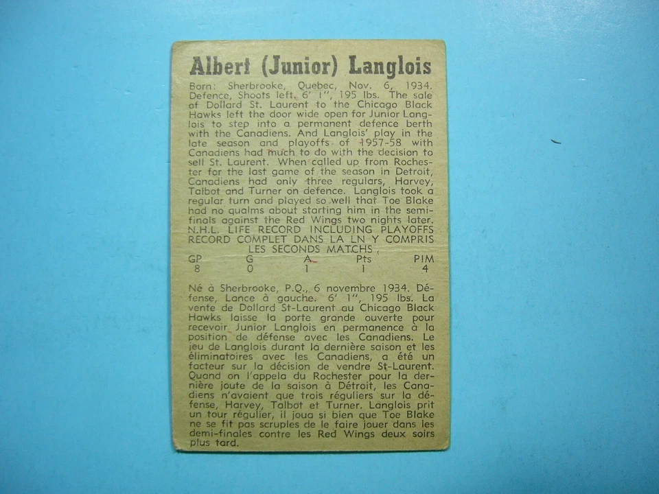 1958/59 PARKHURST NHL HOCKEY CARD #5 ALBERT AL LANGLOIS VG 58/59 PARKIE - Image 2 of 2