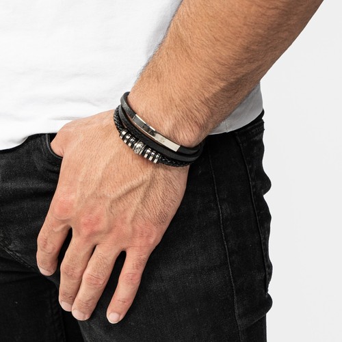 SERASAR | Bracelet en cuir original pour homme [brillant] - Couleurs noir, argent et or - Photo 11/25