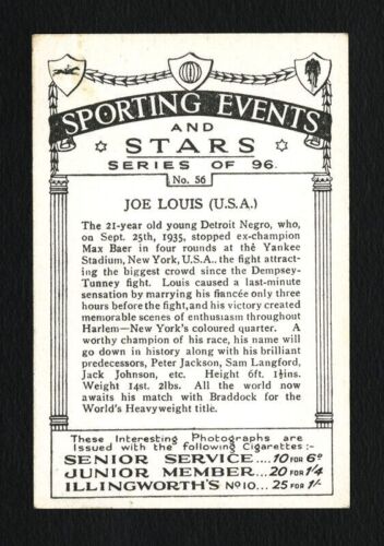 1935 J.A. Tarjeta de novato PATTREIOUEX EVENTOS DEPORTIVOS Y ESTRELLAS #56 JOE LOUIS NÍTIDA CASI NUEVA - Imagen 2 de 2