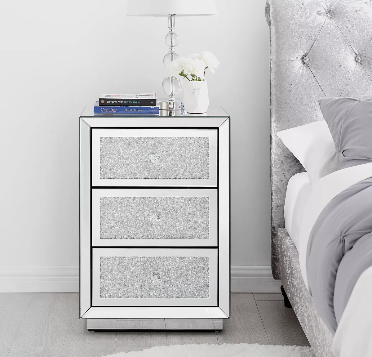 STELLA Mirrored Crushed Diamond Bedside Table Cabinet 3 Draws