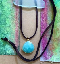 Genuine Amazonite Vermeil Sundance Charm Necklace leather cord artisan jewelry