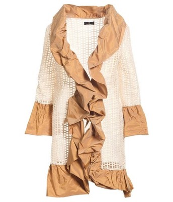 FABRIZIA DEA  Ruffle Trench Coat Women  Size 8 US Natural Ecru Crochet Open Knit