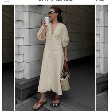 Commense Beige Cotton Linen Button Front Puff Sleeve Dress XS NWT- sold out!