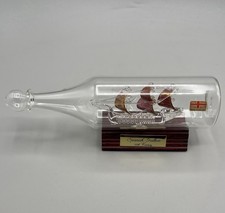 16th Century Spanish Galleon Sailing Ship Glass Bottle Wooden Stand Vintage 21cm