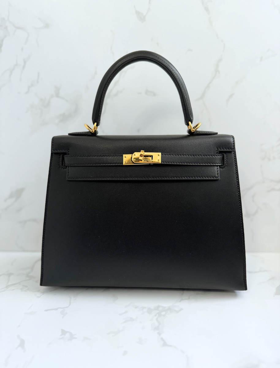 Hermes Kelly 25 Black Tadelakh Sellier Gold HW Complete Original