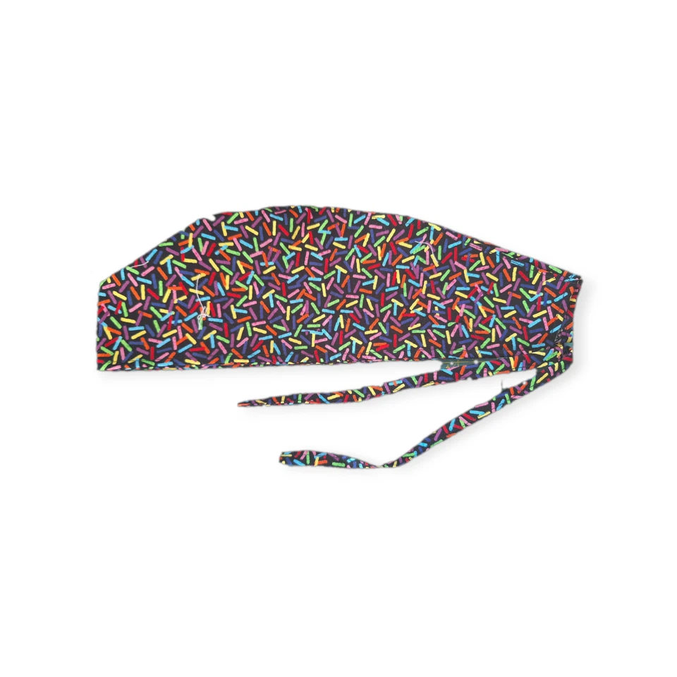 Sprinkles on Black Tie Back Scrub hat / cap 100% Cotton Surgical Medical hat - Image 2 of 2