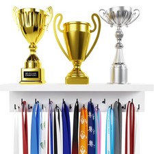 EVERMORE Medal Hanger Display and Trophy Shelf with Hooks - Wooden Medal...