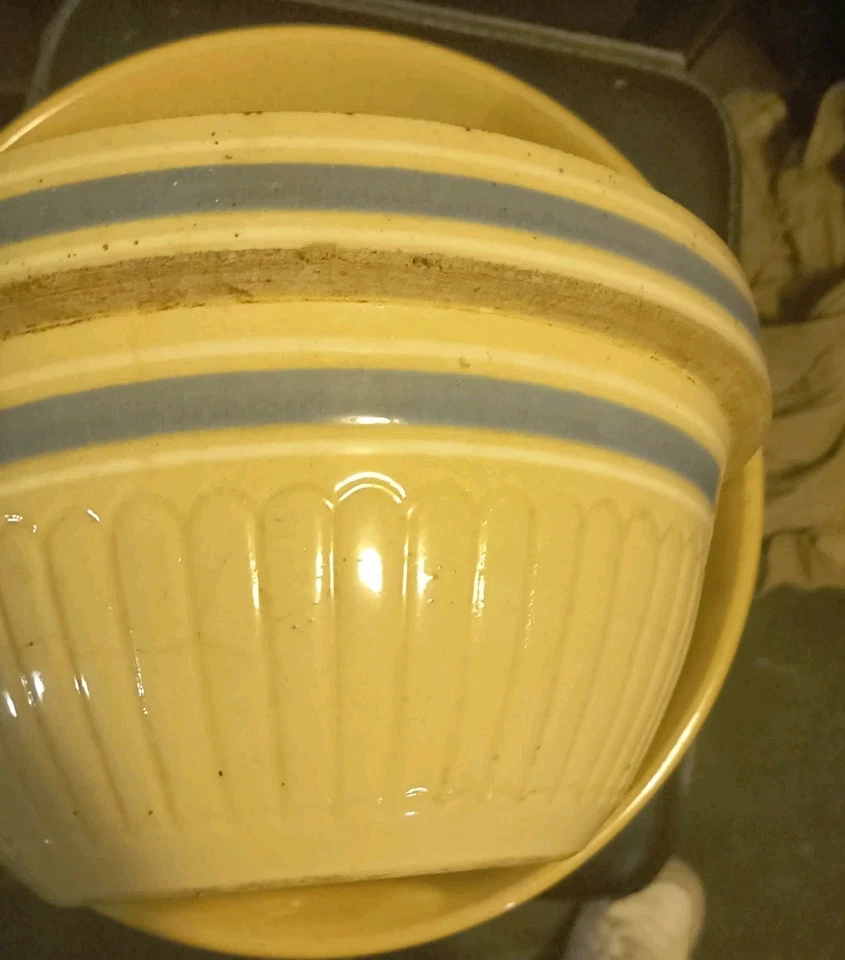 19th Century Large YellowWare McCoy Bowls Brown & White Mocha Stripes 15" dia. - Image 2 of 4