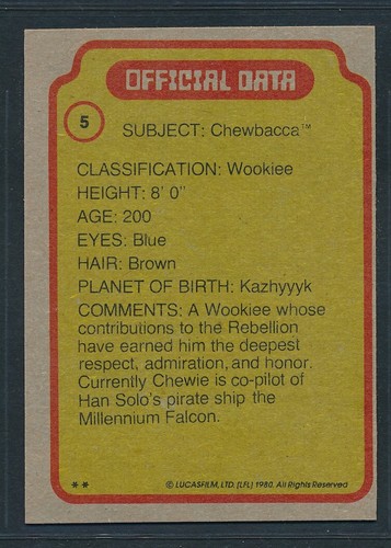 1980 Topps Star Wars Series 1 ESB #5 Star File - Chewbacca ~ NM-MT+ - Picture 2 of 2