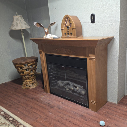 Traditional Brown Wood and Glass Mantlepiece Fireplace for Living Room