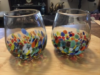 White Cristal Murano Style Confetti Stemless Glass Set ~ Hand Blown Italy