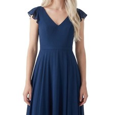 Azazie Chiffon Flutter Sleeve Maxi Dress Womens 10 Blue Excellent V-Neck Gown