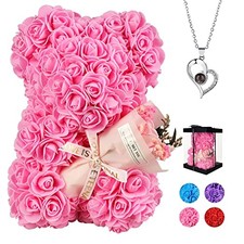 Valentines Day Gifts for Her Rose Bear for Women, Artificial Rose Teddy Pink