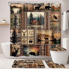 4 Pcs Rustic Cabin Patchwork Shower Curtain Set with Toilet Lid Cover and Non-Sl