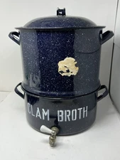  Vintage Enamelware CLAM STEAMER Double Steam Pot Broth Spigot Lid Speckled
